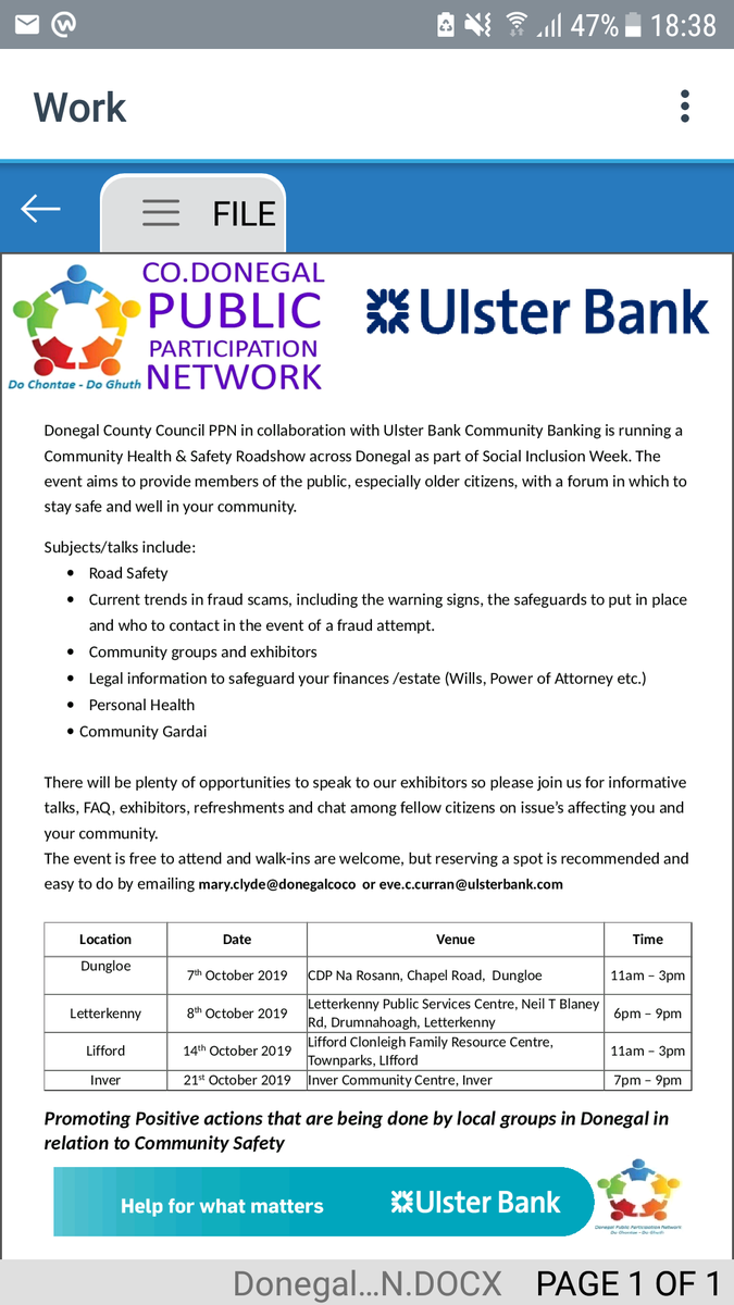 EveCurranUB's tweet photo. The last @UlsterBank and @donegalcouncil PPN Community Health and Safety Roadshow is in Inver Community Centre, Mon 21st October 7-9pm.
Please share! All welcome 😊

Thank you to all those who attended so far

@FraudSMART
@safeguardingire
@gardainfo 
@Safeguarding_ie 
@DonegalWB https://t.co/sz3uTt6M6n