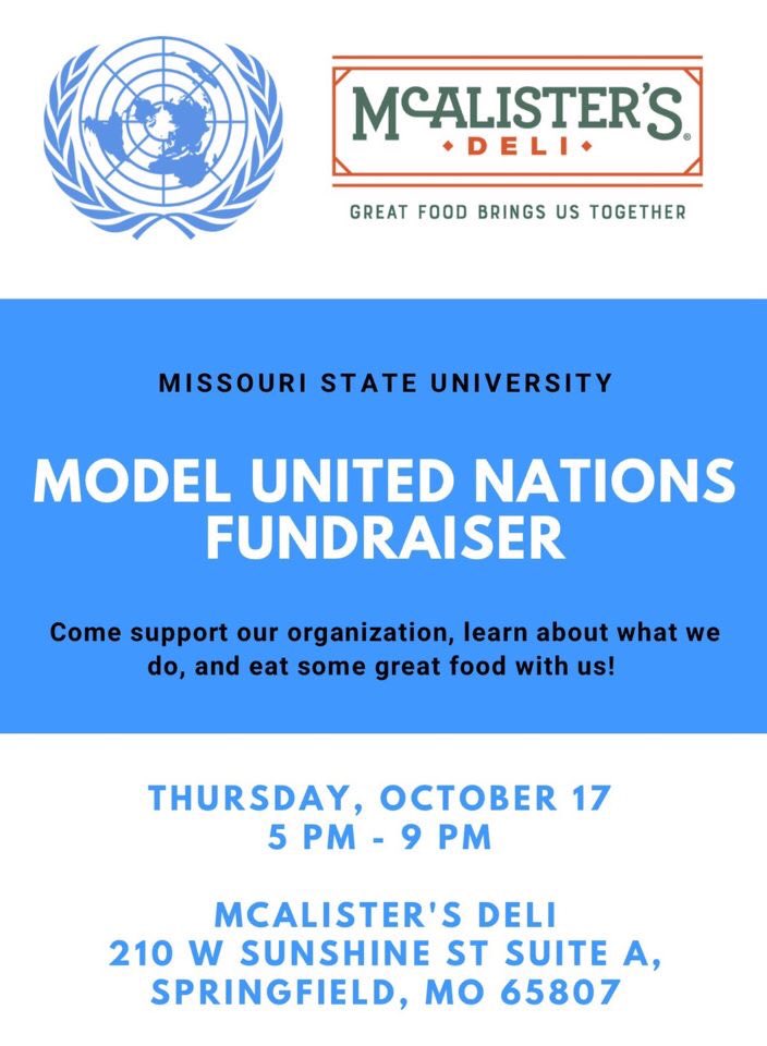 MSU_ModelUN's tweet image. Make sure to go to McAlister’s Deli this Thursday to support our Model UN team!