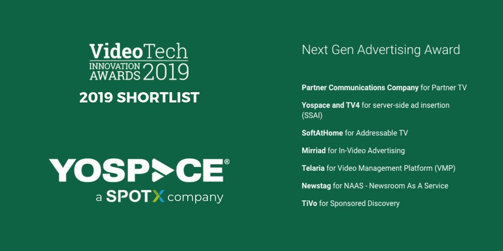 Exciting news! @yospacedotcom, a @SpotX company, is a finalist for the 2019 Video Tech Innovation Awards in the Next Gen Advertising Award category. Learn more: bit.ly/33zPswz