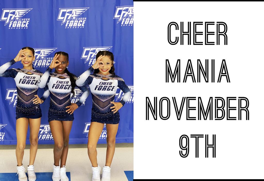 CheerForceAR's tweet photo. Save the date!!! 
Cheer Mania is November 9th at the Buzz Bolding Arena!!💙💙💙

An EXTRAVAGANZA you do NOT want to miss!
#cheerforcearkansas #cfamily #c2flal #showcase #cfashowcase19 https://t.co/48U54hjDWQ