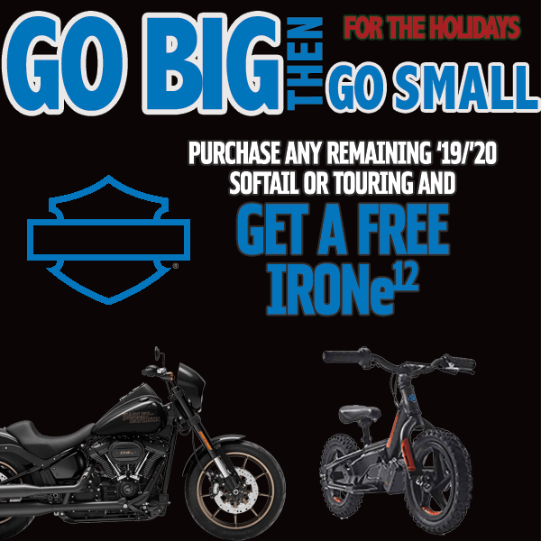 WoodstockHarley's tweet photo. Go BIG then go SMALL!
Get yourself any remaining '19/'20 softail or touring bike and bring back an IronE12 for the little one!
Stop by or call us for more details
#electricbikes #futureriders #gobigthengosmall #freeirone #holidaygifts #stacyc #doublegift #woodstockharley https://t.co/sUYFoQVEok
