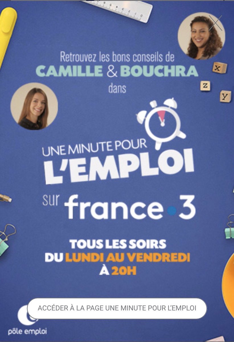 [🎦⏰] A partir de ce soir et jusqu’au 27 décembre, rendez-vous tous les soirs juste avant 20h sur @France3tv pour retrouver le programme #UneMinutePourlEmploi avec les conseils #emploi de Camille et Bouchra 👍🤗🎬 #OnEstLàPourVous uneminutepourlemploi.fr