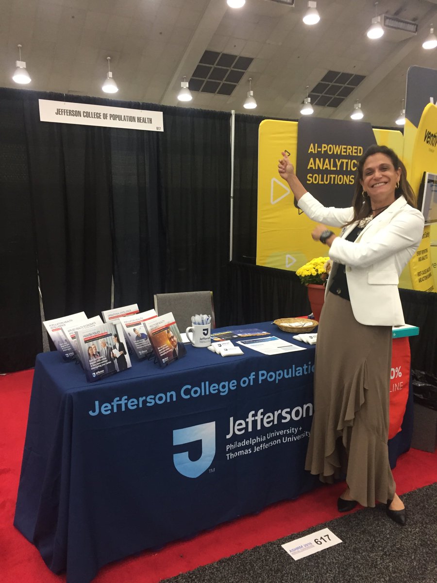 JeffersonJCPH's tweet photo. Nice booth surprise at #ASHRM2019! @JeffersonUniv SKMC Associate Professor & JCPH lecturer, Dr. Karen Zimmer stopped by for a👋hello! We hope to see you at booth #617 @ASHRMAHA #ptsafety #quality #pophealth https://t.co/zibtTpsYC2