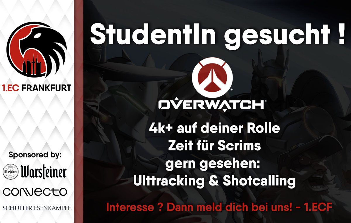 Gude!

StudentInnen für die <a href="/uniligaGG/">Uniliga</a> aus Frankfurt gesucht!
Wir suchen Verstärkung für unser stärkstes Team, vor allem einen Main Support auf ~ 4k+!
Bei Interesse meldet euch bei <a href="/JohnBishop_OW/">John Bishop</a>, „JohnBishop#21435“ auf Battlenet oder auf unserem Discord.
discord.gg/bhCQmpH