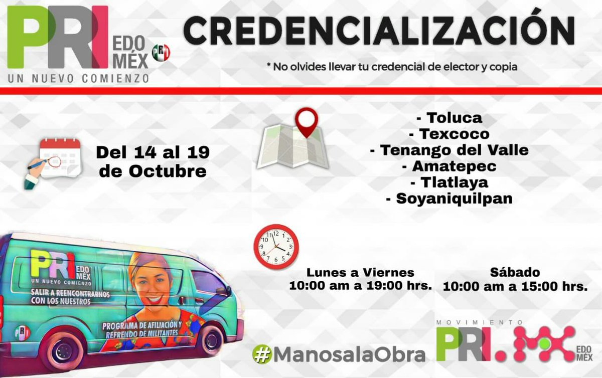 PRI_EDOMEX's tweet photo. Si aún no tienes tu credencial te esperamos en: #Toluca #Texcoco #TenangoDelValle #Amatepec #Tlatlaya #Soyaniquilpan. Pongamos #ManosalaObra y refrendemos nuestra militancia. Ven, ¡te esperamos! https://t.co/sc0515j8fz