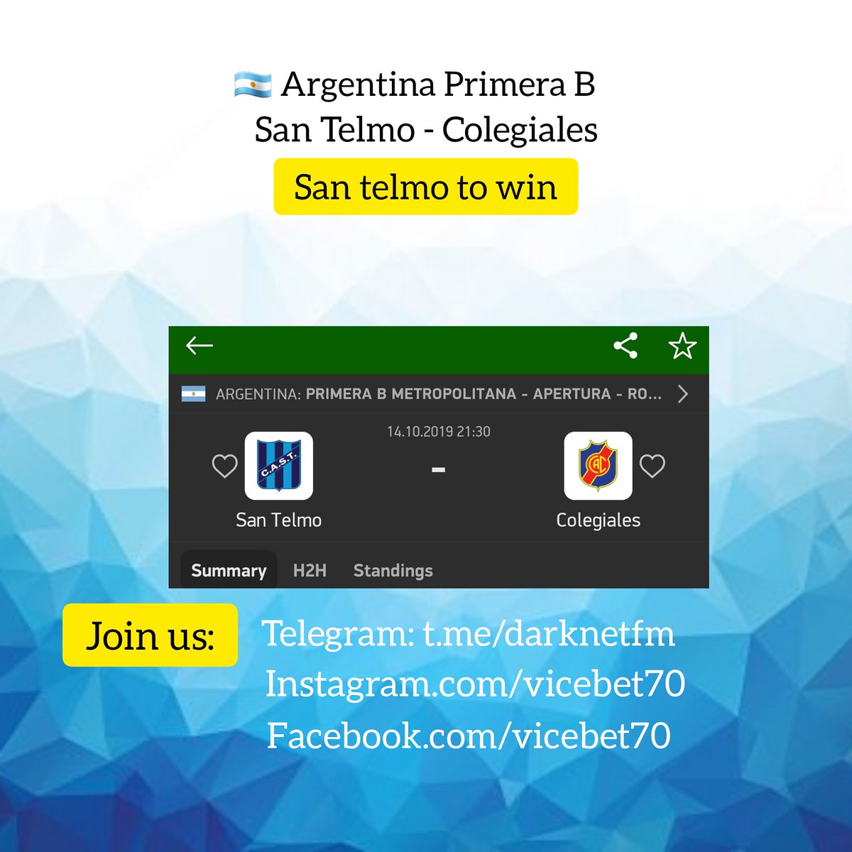 TeamVVV1's tweet photo. 🇦🇷 Argentina Primera B
👑 San Telmo - Colegiales
🤞 Bet on: San Telmo win  
🔥 Odd 1.96

#bet #betonline #surebets #sureodds #fixedmatch #bet365 #marathonbet #williamhill #sbobet #bettingexpert #bettingodds #bettingonline #bettingtips #bettingtipster #betandwin #bettingprediction https://t.co/WGEzlQd9wc