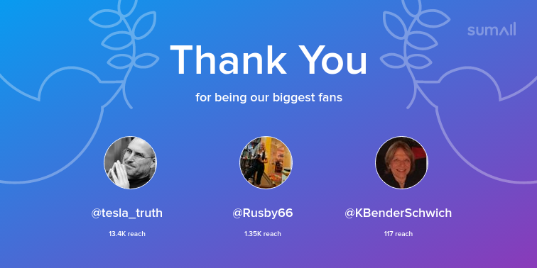 Our biggest fans this week: tesla_truth, Rusby66, KBenderSchwich. Thank you! via sumall.com/thankyou?utm_s…