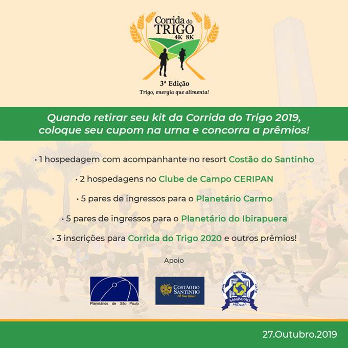 Vai participar da Corrida Trigo no dia 27/10 em São Paulo? Confira a entrega do kit
Outras informações, acesse → yescom.com.br/corridadotrigo…
