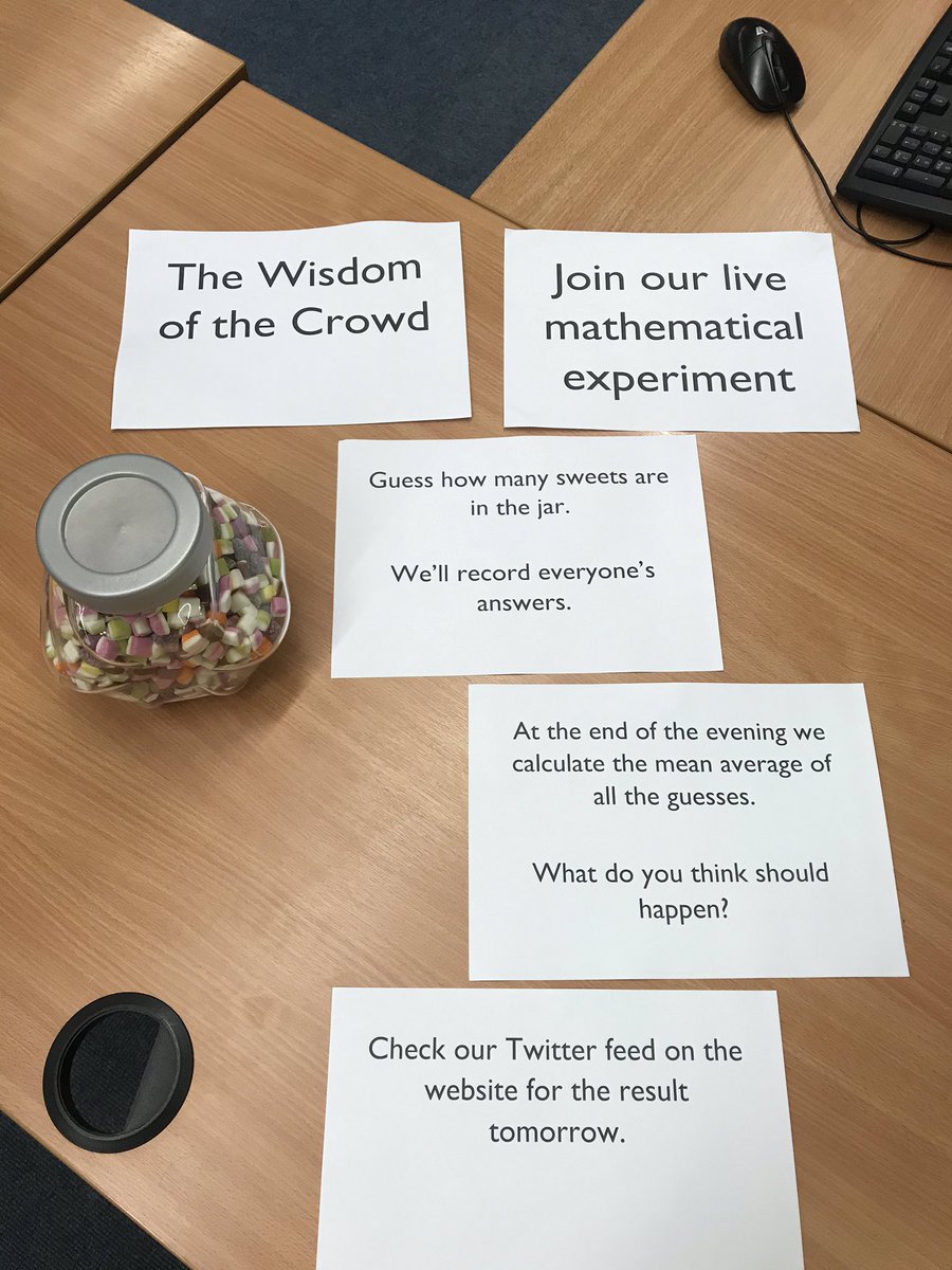 haybridgemaths's tweet photo. Open Evening was brilliant, but what you’re all dying to know, naturally, is the result of the maths experiment.

Well, there were 967 sweets in the jar.

We had 123 estimates, ranging from 150 to 5000, but the mean was...

[drumroll please]

971

We are astonished! https://t.co/WRfbtlZwPq