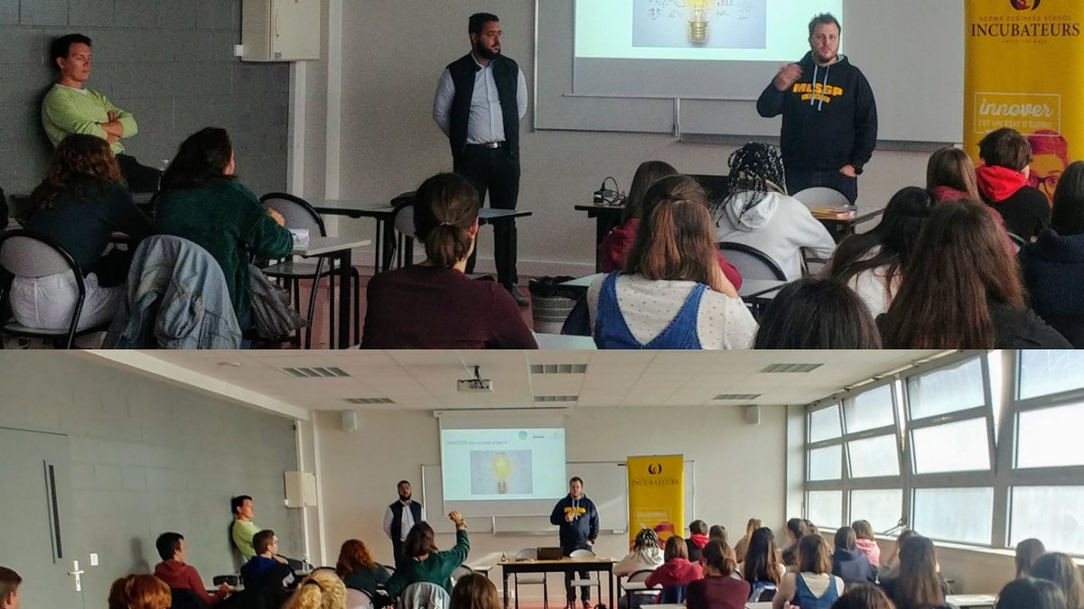 NEOMAbs's tweet photo. Le campus de #Rouen accueille une classe de lycéens dans le cadre d'#OptionInnovation 🤓 #NEOMAbs #Incubateurs présente le métier d'entrepreneur grâce aux témoignages de @fjay_neoma @samy_bouguern et Gwenvael Lemoine ✨ #caththewave 🏄♀️🏄♂️ https://t.co/bkt9EpkVqe