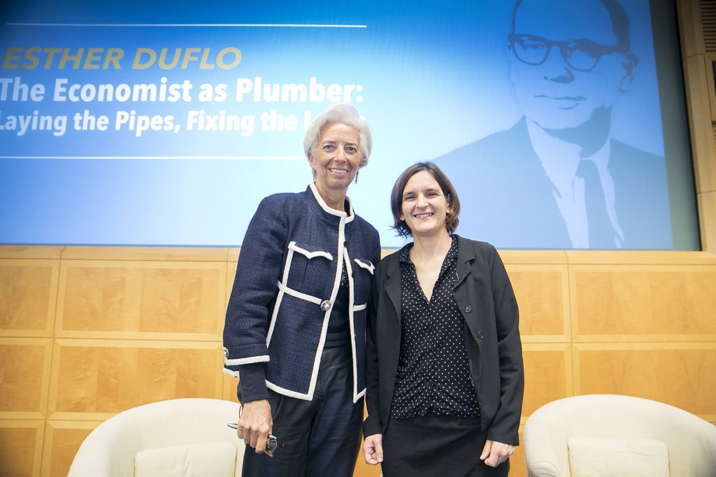 Lagarde's tweet photo. My warm congrats to Abhijit Banerjee, Esther Duflo, and Michael Kremer on winning the Nobel for their work on global poverty. I am especially proud that Esther came to the IMF in 2016 to deliver our Richard Goode lecture. #NobelPrize https://t.co/fqgzi5l9rq