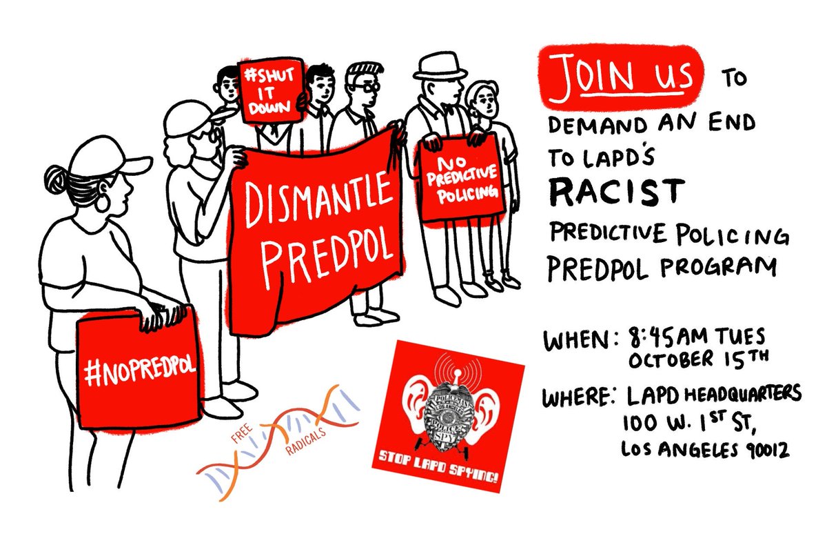 stoplapdspying's tweet photo. Come out and join us tomorrow Oct 15 at 8:45 a.m., outside LAPD headquarters for a press conference!
LAPD continues to use Predpol, a for-profit policing algorithm and weapon of displacement, though after 7 years of use the program still cannot be audited. #ShutItDown #NoPredpol https://t.co/yRjffDa651