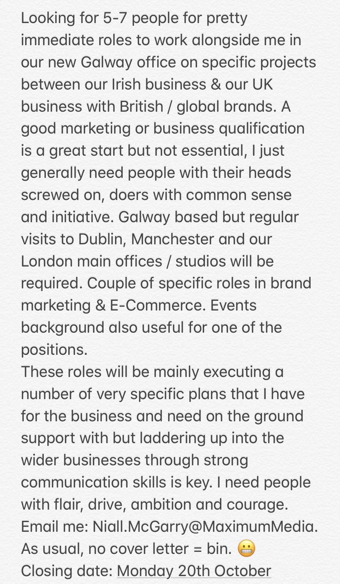 Really excited to build a team quickly on the ground in our new Galway office on exciting new projects for <a href="/MaximumMedia_IE/">Maximum Media</a> &amp; <a href="/JOEmediaUK/">JOE Media</a>. Working directly with me. Getting stuff from my brain to fruition &amp; dovetailing all the while with our people in Dublin, London &amp; Manchester