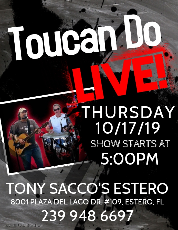 SaccosEstero's tweet photo. Get ready for the ToucanDo band here live this Thursday at 5:00PM. Featuring acoustic rock from the 60' to the 90's.  @EsteroFLChamber @BSAChamber @toucan.do @EsteroToday https://t.co/PBwlYCVwLo