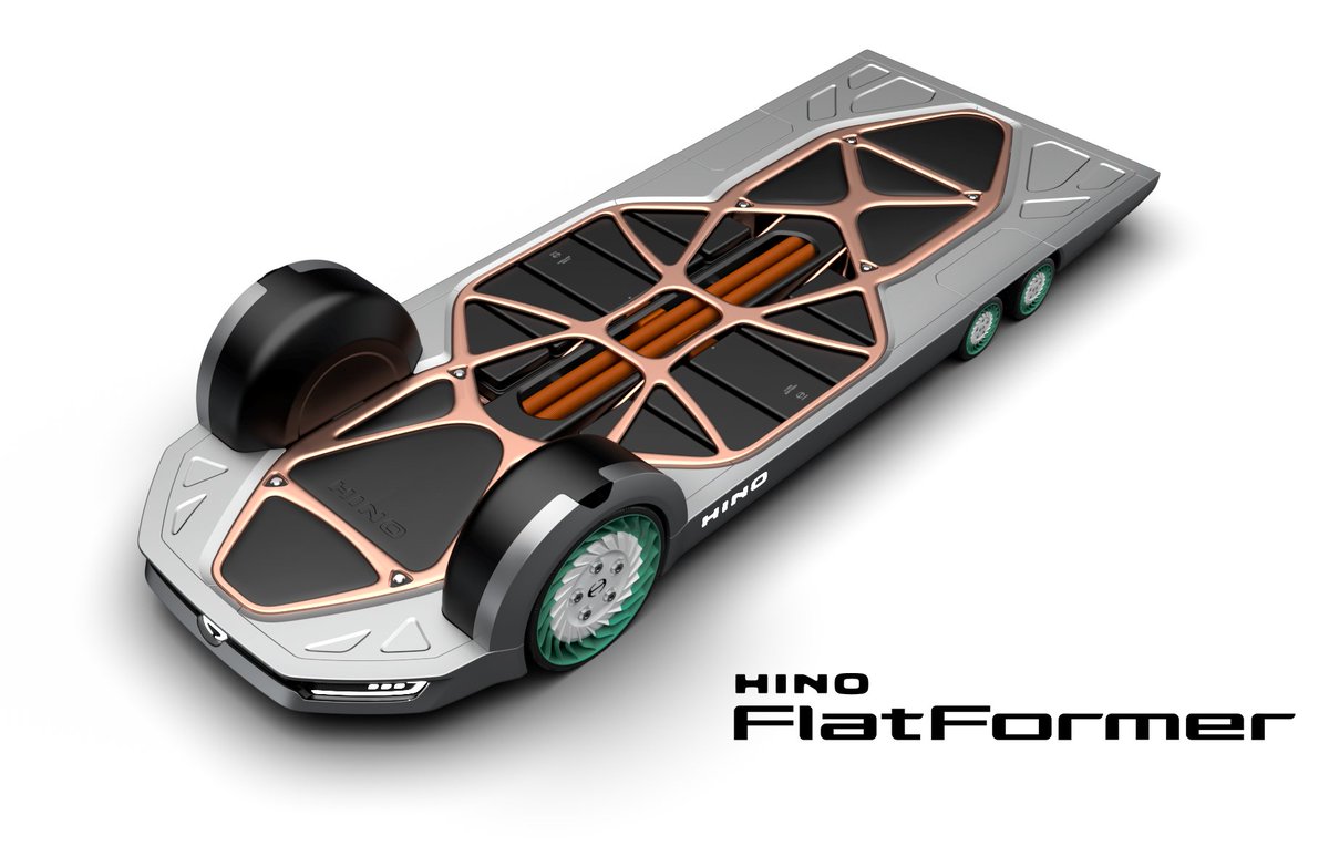 EvMcCee's tweet photo. Remember the promise of the @GM Autonomy's skateboard chassis? Looks like my corporate parents in Tokyo are applying the same principle but to small/medium trucks/ LCVs instead. Kinda cool. #Hino #Flatformer https://t.co/3xNecqiW8G