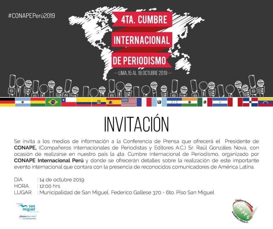 PrensaCONAPE's tweet photo. #CONAPEInternacional invita este lunes 14 de Octubre a las 12 horas a los representantes de los medios de comunicación en #Perú 🇵🇪 para que nos acompañen en la primera conferencia de de prensa con motivo de la 4ta Cumbre Internacional de Periodismo - #CONAPEPerú2019.

#CONAPE https://t.co/oCewCOEg52