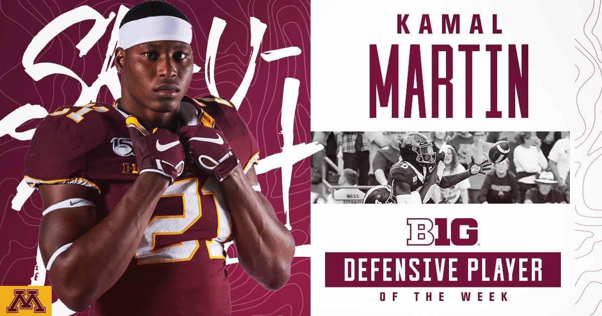 GopherFootball's tweet photo. #Gophers @KamalMartin6 named @B1Gfootball Defensive Player of the Week after a career high 15 tackles in a win against Nebraska. Martin is the fifth Gopher to be honored this year.
https://t.co/i0Yo9SHMN6
#SkiUMah // #RTB https://t.co/YGvh1voe6P