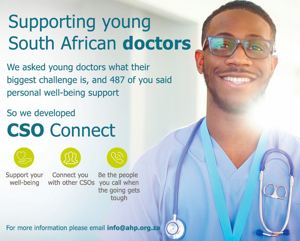 AHPdoctors's tweet image. AHP is thrilled to announce the launch of CSO CONNECT, a programme to provide personal well-being support to junior SA doctors. Reply to this tweet or email info@ahp.org.za for more information. #csoconnect #sadoctors #commserve