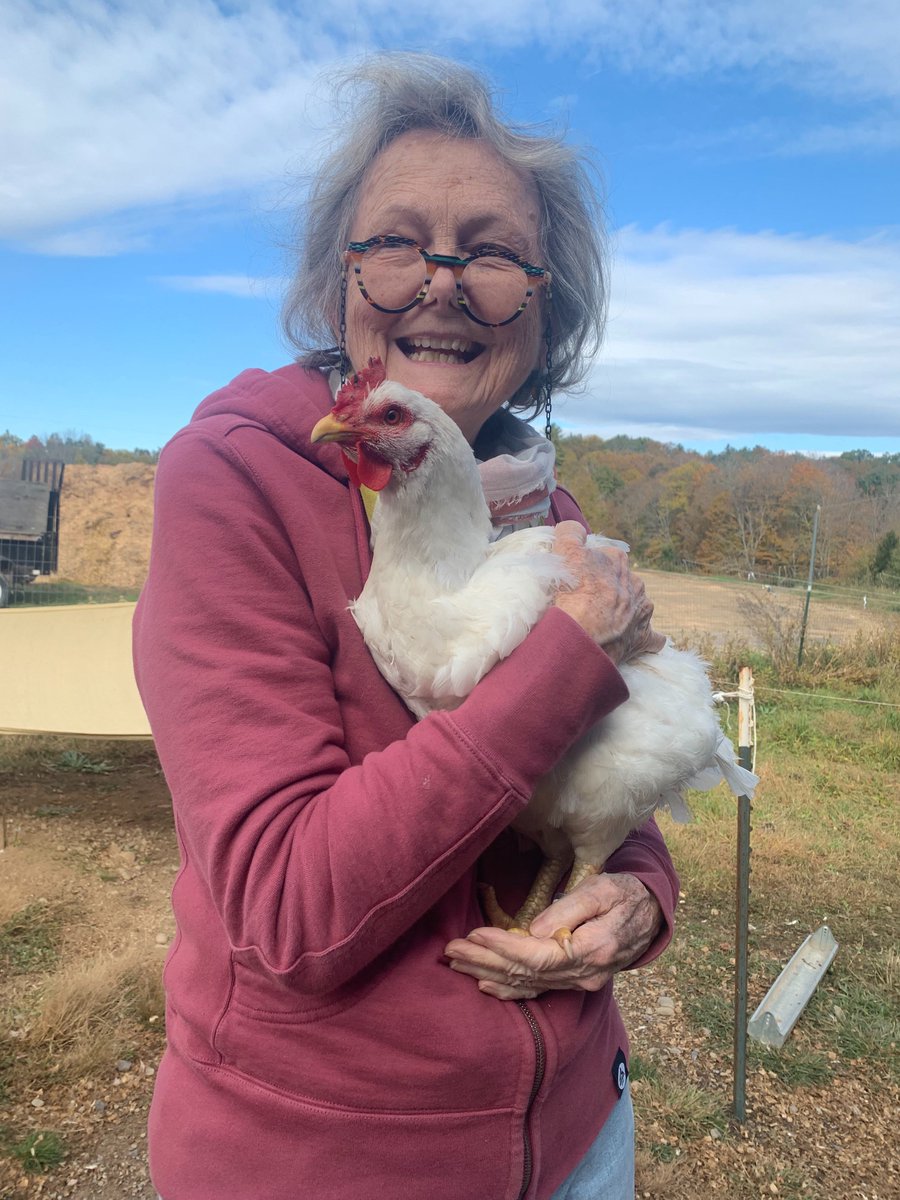 WoodstockFarm's tweet photo. Marilee the human came by recently to sneak in some snuggles with Marilee the hen, who has grown up so much since last year’s Kaporos rescue. Seriously, how sweet is this photo?? Hug a hen, it’s good for the heart ❤️ #whywoodstock #happymonday #hugahen https://t.co/IlpqpBkbOu