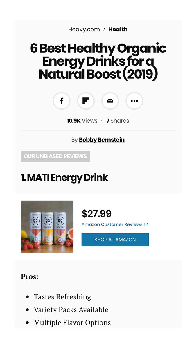 MATI was recently featured as #1 for the "6 Best Healthy Organic Energy Drink for a Natural Boost" on @HeavySan! Click the link below to read the full rankings + reviews!
bit.ly/2p9JMe8

#energydrink #organicproducts #naturalproduct #cleanlabel #vegan #nongmo #glutenfree