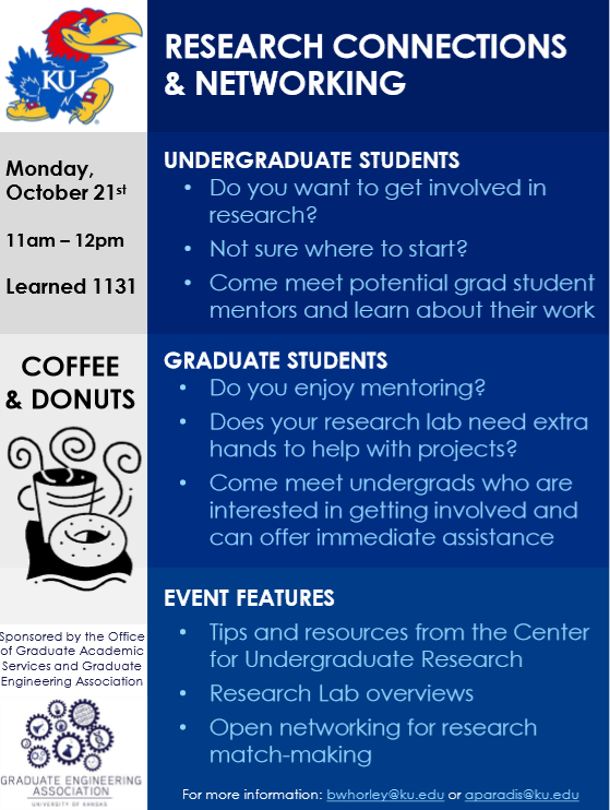 KU_GEA's tweet image. Are you an undergraduate student interested in working at a lab? Or, are you a graduate student looking for help in your lab? This event will allow you to connect with the right person!

Coffee and Donuts will be served!

Register here: deptsec.ku.edu/~gradengr/form…