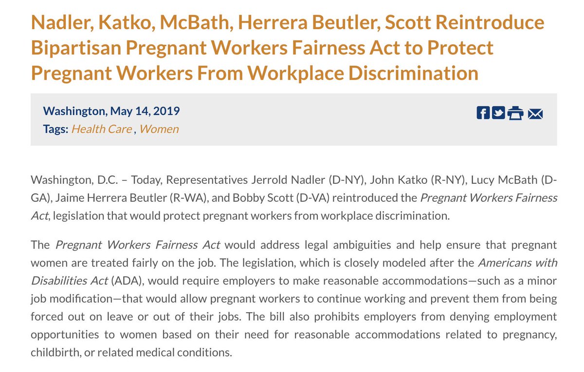 Press release announcing the reintroduction of the Pregnant Workers Fairness Act, which begins: "Washington, D.C. – Today, Representatives Jerrold Nadler (D-NY), John Katko (R-NY), Lucy McBath (D-GA), Jaime Herrera Beutler (R-WA), and Bobby Scott (D-VA) reintroduced the Pregnant Workers Fairness Act, legislation that would protect pregnant workers from workplace discrimination."