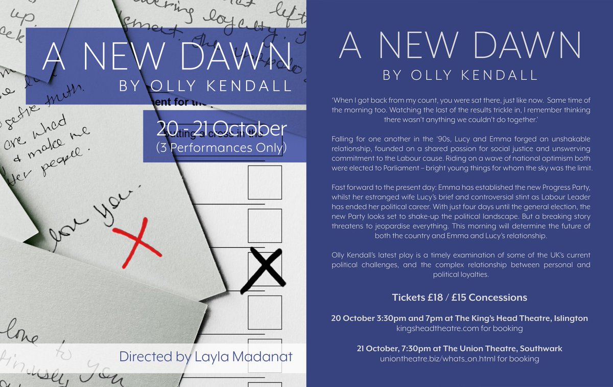 Our new play this w/end <a href="/KingsHeadThtr/">King's Head Theatre</a> is set days b4 a #GE and focusses on two married #Labour MPs &amp; the personal &amp; professional dilemma that will determine their future &amp; the future of the country. Come! #IStandWithCorbyn #politicaltheatre Book here: system.spektrix.com/kingsheadtheat…