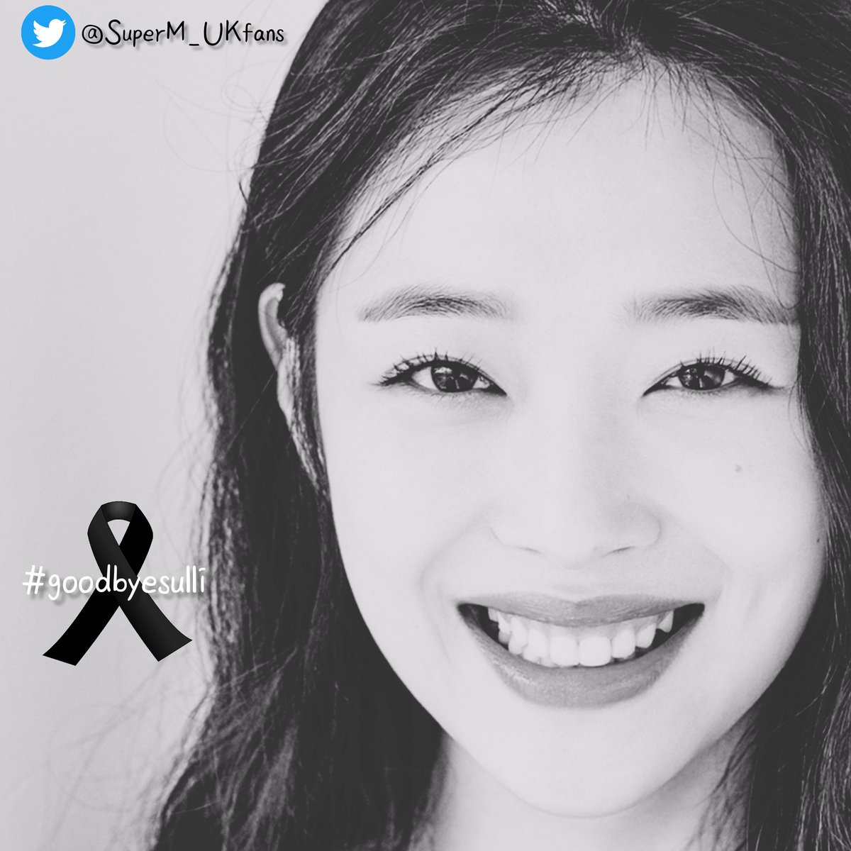 SuperM_UKfans's tweet photo. We're sorry for this sad news.
Unfortunately, today Oct 14th, the Korean media reported the news of Sulli's death, former member of f(x).  WE don't now thay much about her death yet, but we'll update you ASAP.
As form of respect, today we won't publish anything. #goodbyesulli ❤ https://t.co/lXjzr3GLiW