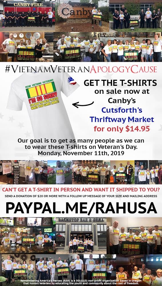 Want to support our #VietnamVeteranApologyCause by wearing this t-shirt on Veteran’ Day? Visit rahusa.us for more information! 🇺🇸 #VietnamVeteran