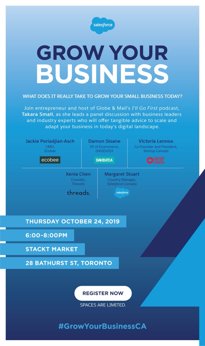 Startup_Canada's tweet photo. Hey #Toronto #Entrepreneurs! Want to get some of the best insights in #canadian #business from @DAVIDsTea @ecobee and our President @VLennox? Register for the #GrowYourBusinessCA event presented by @SalesforceCA for #SMBWeek! https://t.co/hpGS0YIfnA