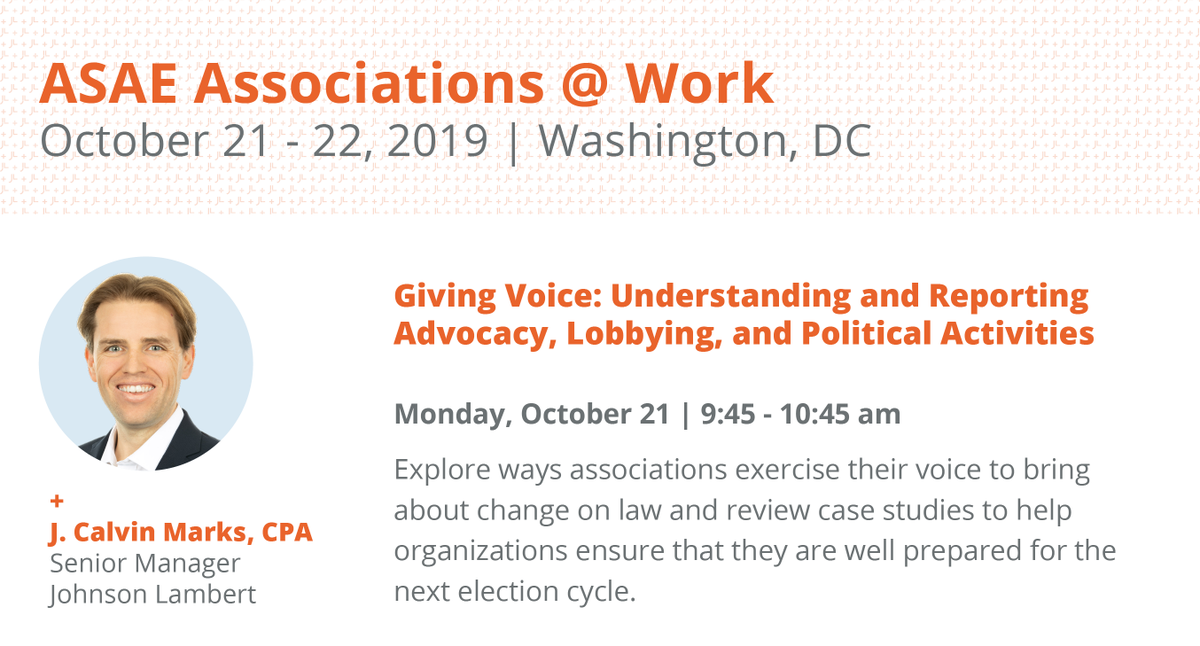Johnson_Lambert's tweet photo. Join Calvin Marks' session at @ASAEcenter's Associations @ Work to ensure that your association is well prepared for the next election cycle: https://t.co/MN2fvFbWCR #AtWork19 #JLConferences #JLInsight https://t.co/N4bLUQEiLl