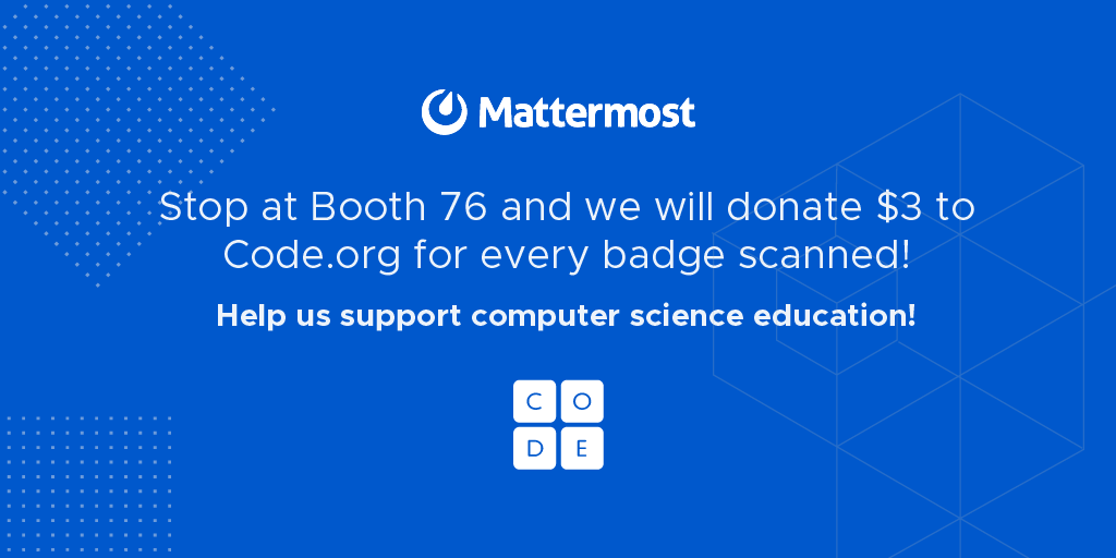 Mattermost's tweet photo. Stop past Booth 76 today and we will donate $3 to https://t.co/IFy1oXPWls for every badge scanned! #donationsmattermost #magicofopensource @AllThingsOpen https://t.co/8NIUKuCQf5