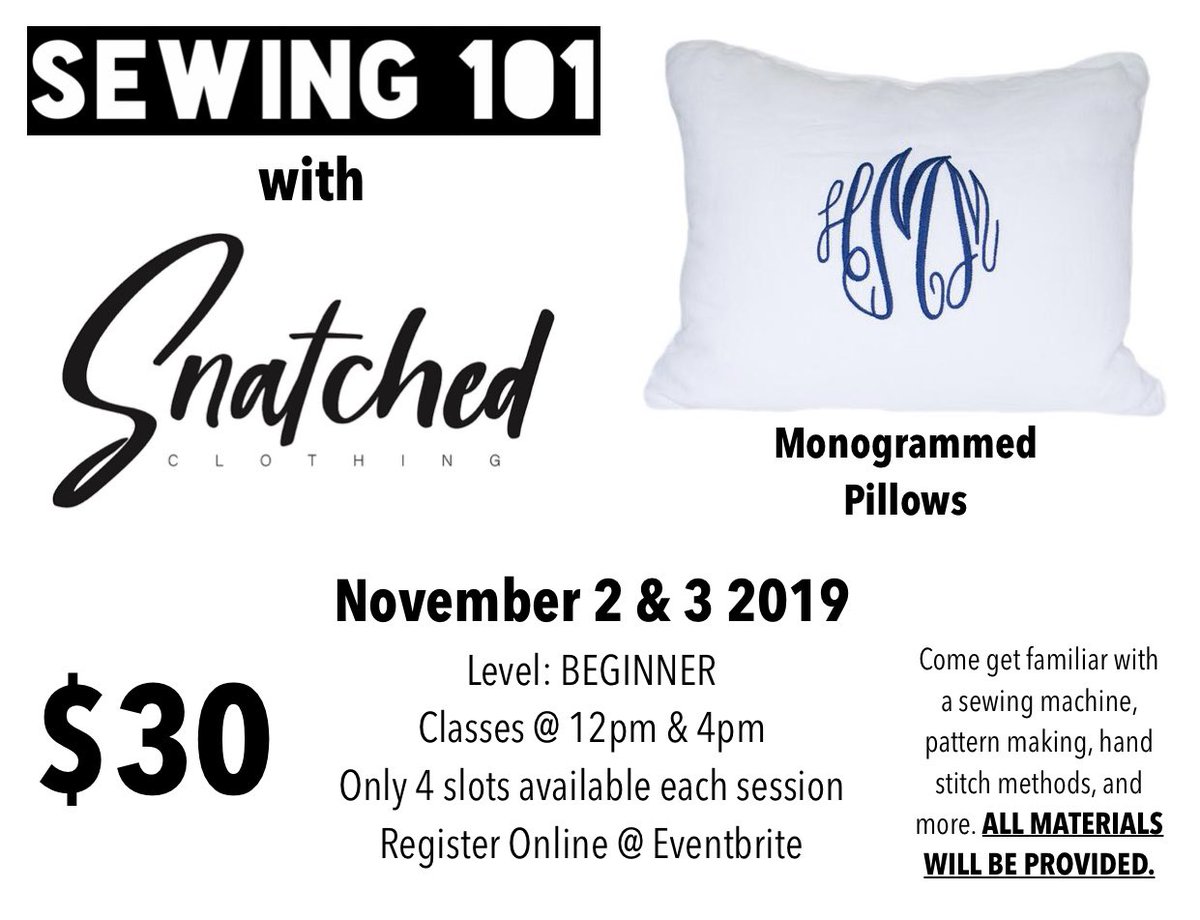 _snatchedclo's tweet photo. I did a poll, and the pillows won! First Sewing 101 w/ #SnatchedClothing November 2 &amp; 3!! Be sure to register for a class because spots will fill up fast. #LetsGetSnatched #SnatchedClothing #CauseYoullAlwaysSlay

Ticket Link: https://t.co/7lytZwD7qE https://t.co/4pqDVADdC4