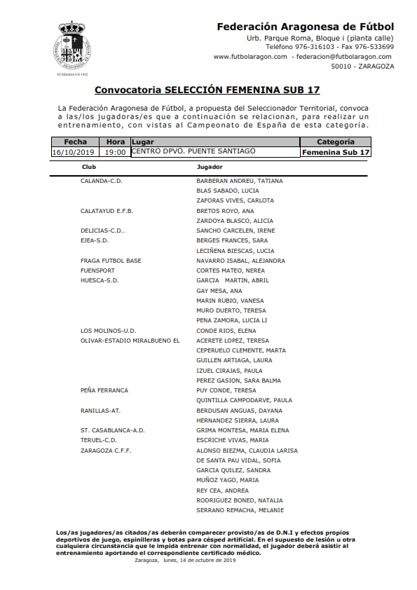 #FAF - Convocatorias Selecciones Femeninas Sub 15 y Sub 17 miércoles 16-10-2019 
👇
futbolaragon.com/pnfg/NBdd_LstD…