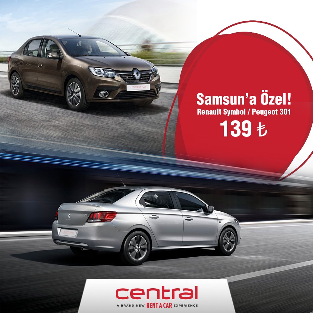 centralrentacar's tweet photo. 👉🏿Samsun’a Özel Peugeot 301 / Renault Symbol 139 TL! 🚗
▪️Kampanya 8-31 Ekim tarihleri arasında Peugeot 301 / Renault Symbol dizel manuel araç kiralamalarında geçerlidir.
▪️Kampanya Samsun şehir ve havalimanı şubeleri için geçerli olup, webden rezervasyon yapılması gerekmektedir. https://t.co/7eisSBuzW3