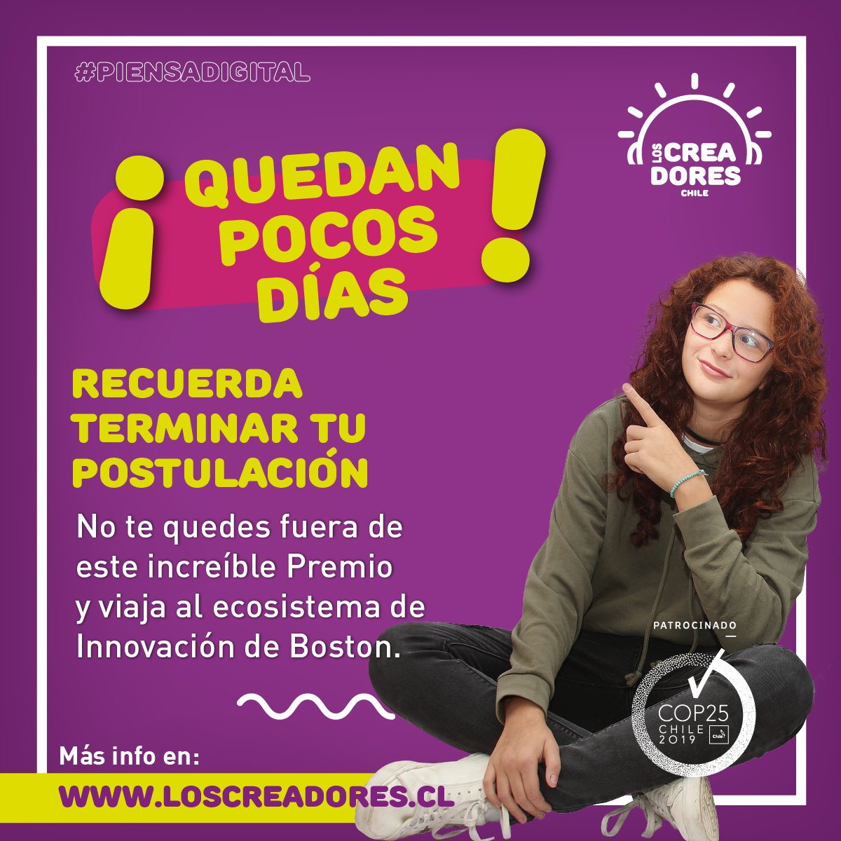 <a href="/LosCreadoresCL/">Premio Los Creadores 🏆</a> nos invita a actuar AHORA por el planeta 🌎! El Premio de Talento Digital sigue buscando proyectos tecnológicos de niñ<a href="/s/">『S』</a> y jóvenes de entre 6° y IV medio que resuelve una problemática medioambiental 🍀 Ingresa a loscreadores.cl

#PiensaDigital