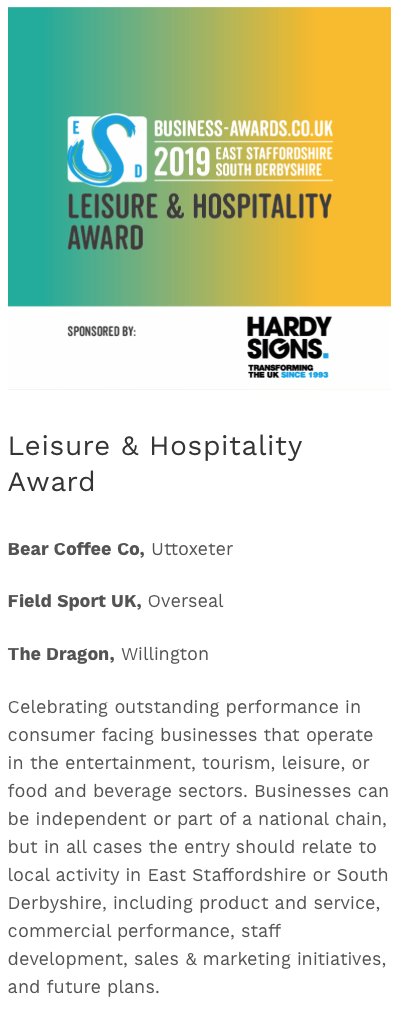 HardySignsLtd's tweet photo. Great to see the Business Awards East Staffordshire &amp; South Derbyshire finalists for the Leisure &amp; Hospitality Award. https://t.co/uu83MQkKaM

Best of luck to all of you and we look forward to meeting you in November.

@bemoreBEAR ,
@FieldSportUK ,
@TheDragonBar 

🙌👏 https://t.co/917oug7ZxV