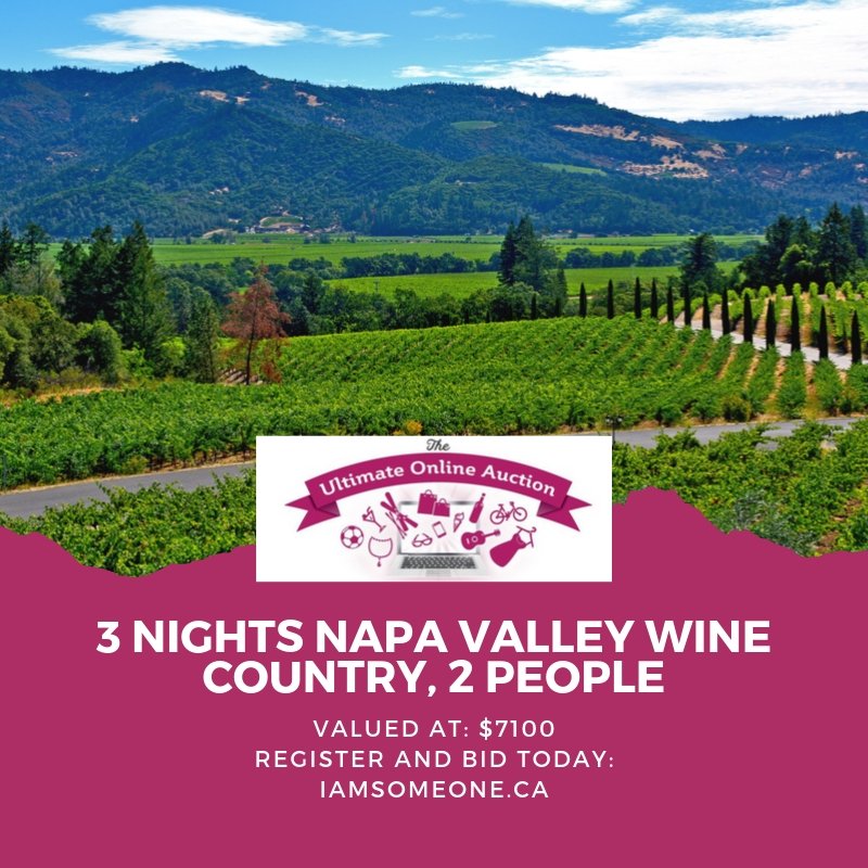 I am Someone Online Auction Prize Package Feature:

*3 NIGHTS NAPA VALLEY WINE COUNTRY, 2 PEOPLE*
Enjoy all that ‘Wine Country’ has to offer in this round trip getaway to California’s most popular tourist destination, and one of the world’s major wine  ... bit.ly/2OvOi0R