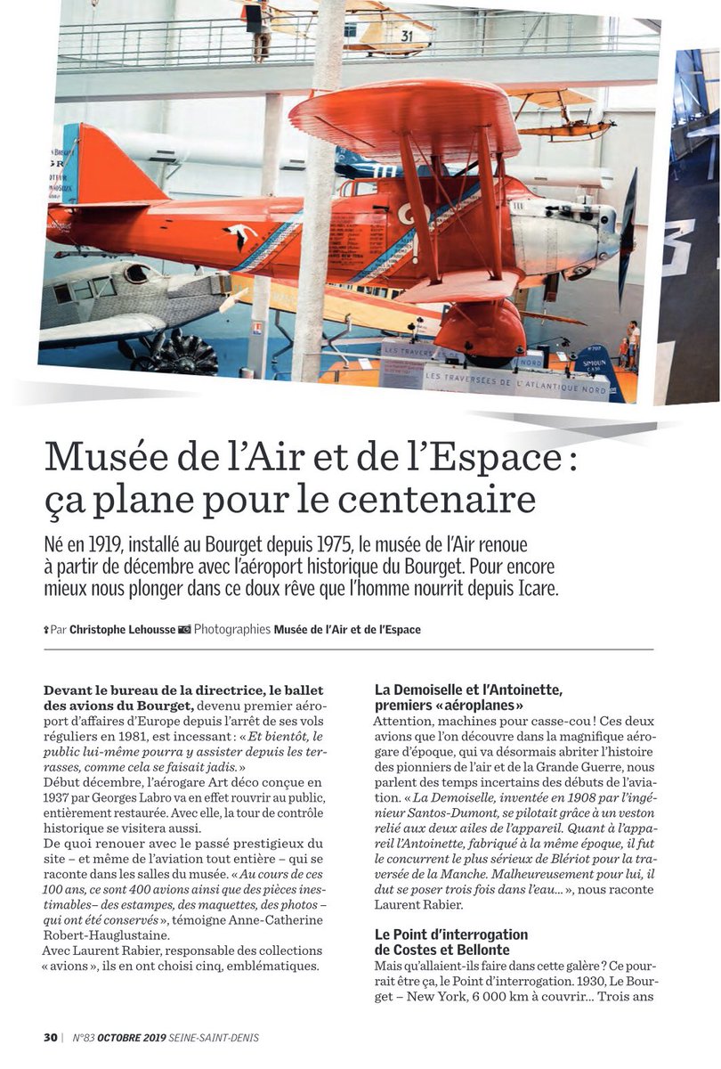 yannickhoppe's tweet photo. « Ça plane pour le centenaire ! » 

Le @MuseeAirEspace #LeBourget est à l’honneur dans le Mag @seinesaintdenis d’octobre 2019. 

#100ansMAE ✈️🚁🚀💯 

@hauglustaine @StephanTroussel @Capo_Canellas @aamalebourget @Defense_gouv @gdarrieussecq https://t.co/fLS4J7cH8m