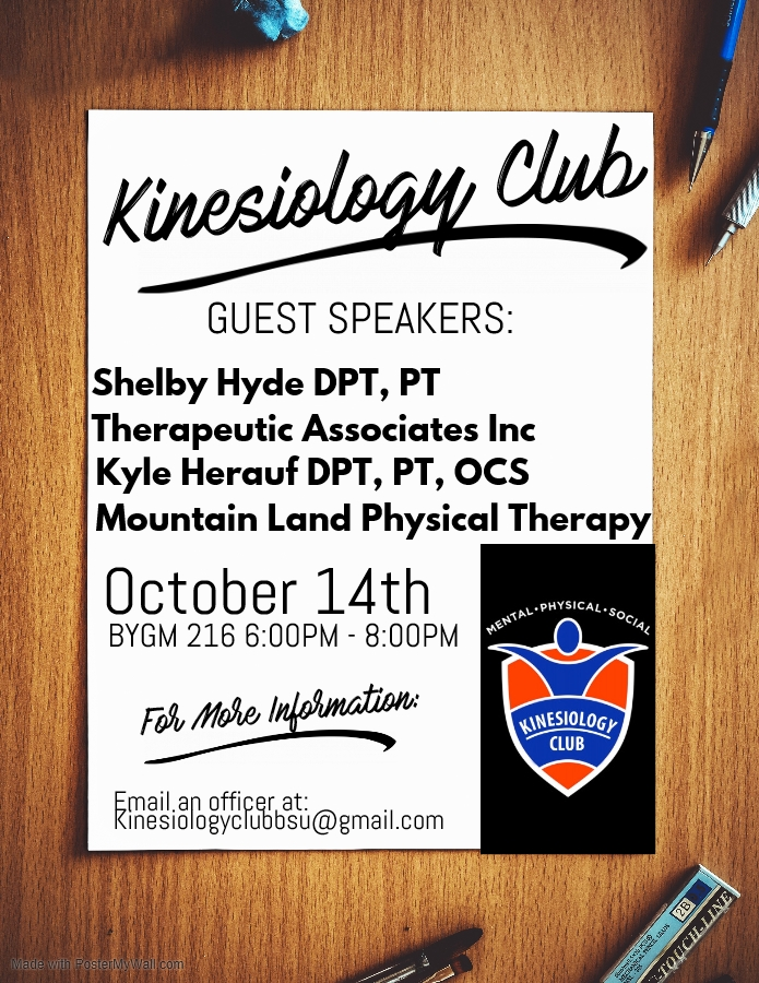 BSUKinesClub's tweet photo. Join the Kinesiology Club today from 6-8pm in BGYM 216 for our first monthly meeting! https://t.co/mGW8R9WvKV