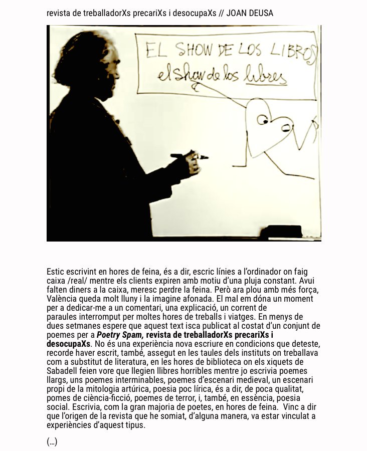 joandeusa's tweet photo. Un tros del "manifest", o el que siga, que vaig publicar a la #RevistaPoetrySpam (@poetryspamrev) per explicar el projecte. Per cert, el #PoetrySpam_VOLUM2 serà una llista de música techno-#electrovers en Spotify.
#PrimerSpam #ArticleSpam
https://t.co/cZVOwaVwOe https://t.co/sxRRQtr01Q
