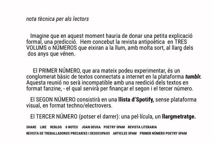 joandeusa's tweet photo. Un tros del "manifest", o el que siga, que vaig publicar a la #RevistaPoetrySpam (@poetryspamrev) per explicar el projecte. Per cert, el #PoetrySpam_VOLUM2 serà una llista de música techno-#electrovers en Spotify.
#PrimerSpam #ArticleSpam
https://t.co/cZVOwaVwOe https://t.co/sxRRQtr01Q