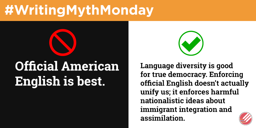 HCWEMiami's tweet photo. On #IndigenousPeoplesDay, we're using @Chastitellez's work to address the myth that we all have to speak the same standard, official American English and that there's only one way to speak good English. English was not America's first language. #WritingMythMonday https://t.co/soz2MsQhNk
