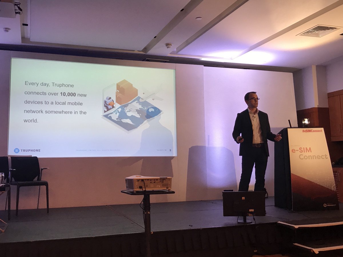 Truphone's tweet photo. Here’s Michael Moorfield in action at #eSIMConnect, talking audiences through the new frictionless era of #eSIM. https://t.co/IJNa9vKHMz