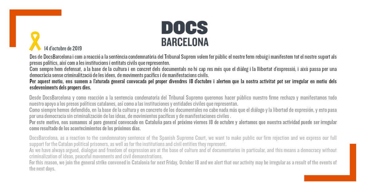 “Com a reacció a la sentència condemnatòria del Tribunal Suprem volem fer públic el nostre ferm rebuig i manifestem tot el nostre suport als presos polítics..." #SentenciaProces