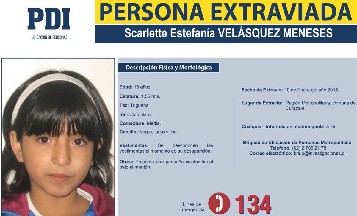 Personaschile's tweet photo. . #LeyExtraviados #Curacaví #missingChidren Scarlette Velásquez extraviada 10 enero 2015 ¿qué pasó Scarlette? Tan solo 15 años desaparece comuna #curacavi, preguntamos en curacavi nadie sabía del caso. Buscamos e investigamos. Sin resultados #LeyExtraviados https://t.co/TFaH4YUgIV