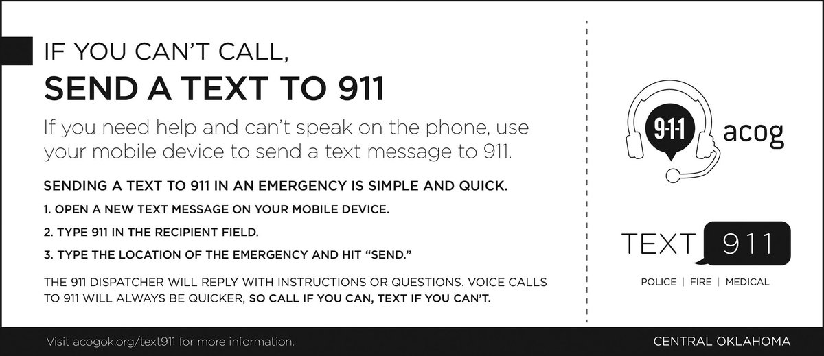 cityofokc's tweet image. You can now send a text to 911 for emergency help in the #OKC area. Call if you can, text if you can’t.