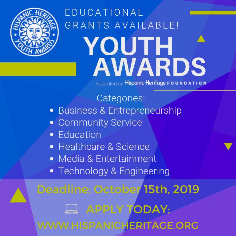HHFoundation's tweet photo. ¿Are you thinking about your future, how to develop your leadership, and what can you do for your community? 
#YouthAwards 

Apply Today! https://t.co/xIVQqCylTp

Premios a la Excelencia Juvenil Hispana 2019!

Deadline: October 15th, 2019

#YA2019 #HispanicHeritageMonth https://t.co/lL4Jur7GTu