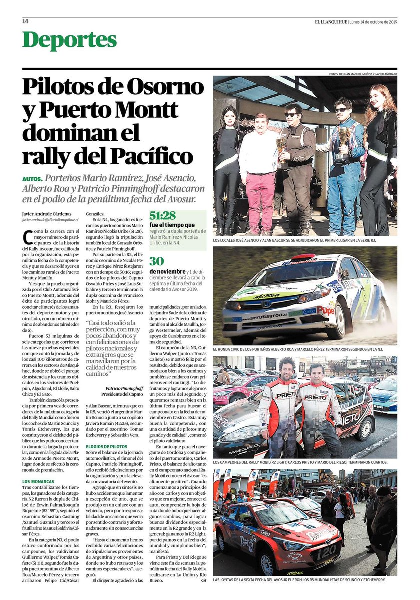 El Llanquihue de hoy destaca a los triunfadores del Rally del Pacífico, donde Martín y la Javi tuvieron el mejor tiempo en la general y  R5, escoltados por Tommy y Seba. ¡Grande equipo Point Cola! #RSMotorsport #PointColaRacing #Isopower #GiroEstrategico

ellanquihue.cl/impresa/2019/1…