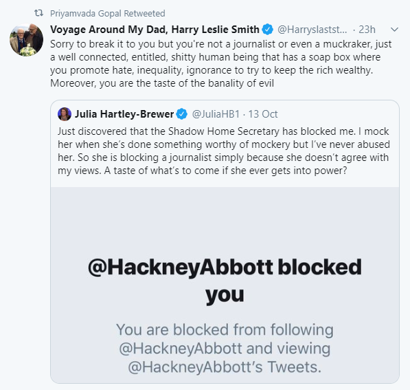 As a scholar of well-nigh regional notoriety, I have devoted my life to fostering open debate across the political spectrum. So imagine my delight when Leslie Smith's son launched a foul-mouthed attack on Hartley-Brewer after Abbott blocked her! Hell! I just *love* the proles!